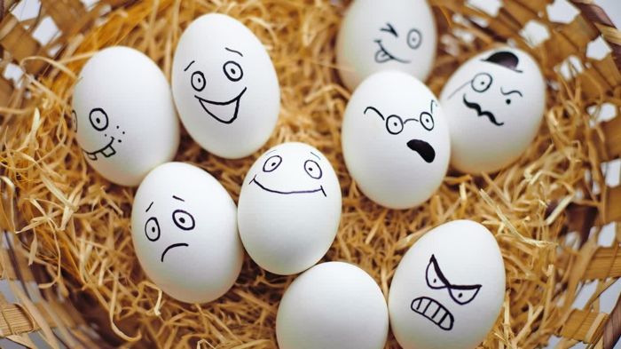Ovos engraçados - Protegidos com caneta de feltro pintada com diferentes expressões - felizes e zangados