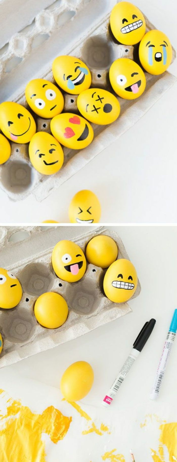 Emoji ile sarı Paskalya yumurtaları için fikirler boya - farklı görünüyor