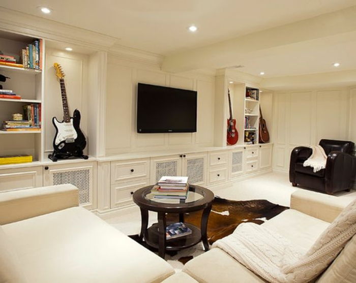 luxo sala de estar interior branco-móveis rodada mesa de café Fur acústica Decoração guitarra