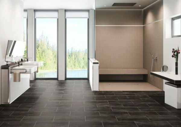 prabangus vonios kambarys su dušo kabina - dideli langai vonios kambaryje