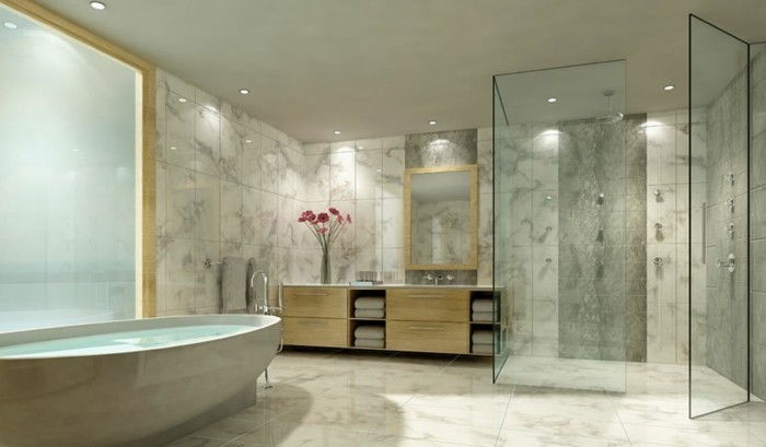de luxo de casa de banho-with-herricher-iluminação de parede de vidro chuveiro