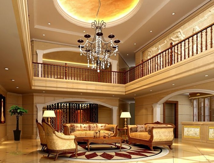 luxe-woonkamer met hoge plafond-balkon op het aantrekkelijke meubilair