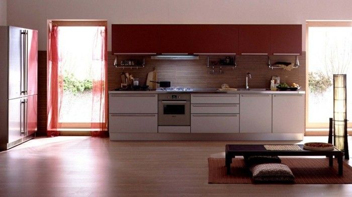 manolya renkli-mutfak-kırmızı-duvara süper model, modern görünümlü