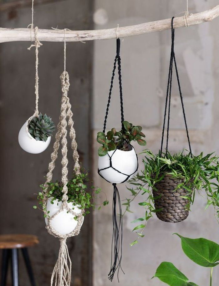hängande vimpel själv gör blommande krukor fyra hängande bitar gröna dekoration idéer växter