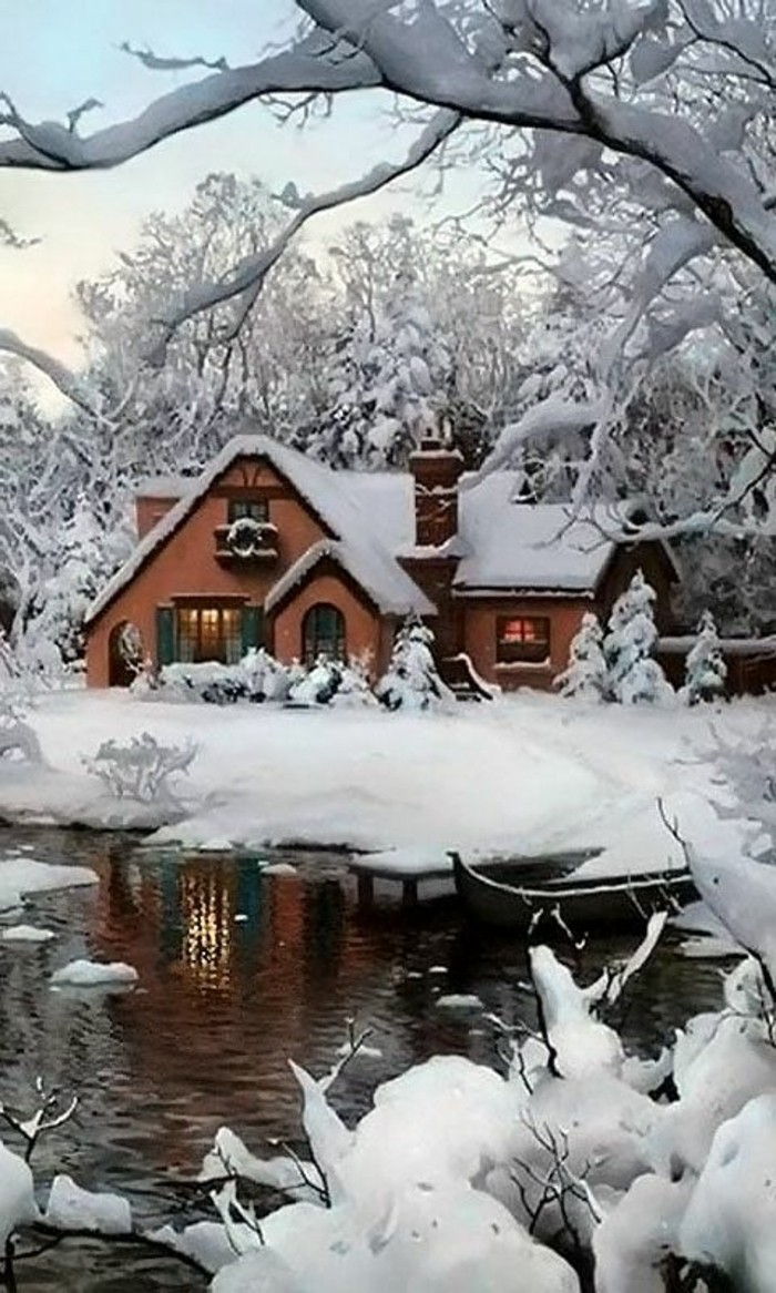 Vaizdingas žiemos peizažas paveikslėliai Namai ežeras Medžiai