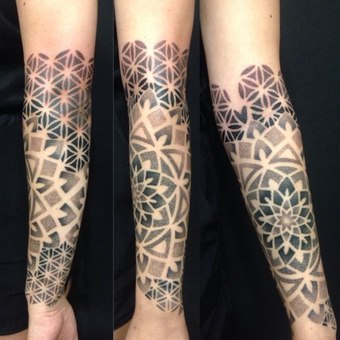 Mandala motivo braço tatuagem, figura geométrica tatuagem - losangos, triângulos e linhas