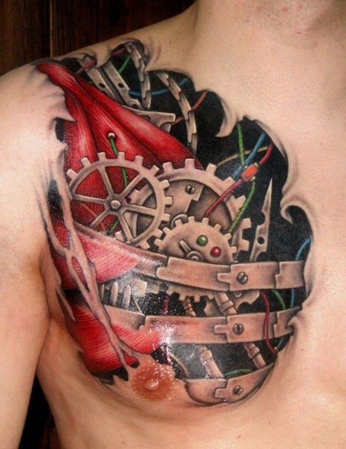 ramena tetovaža, moški z obarvano 3D tatoo na rami in na prsih