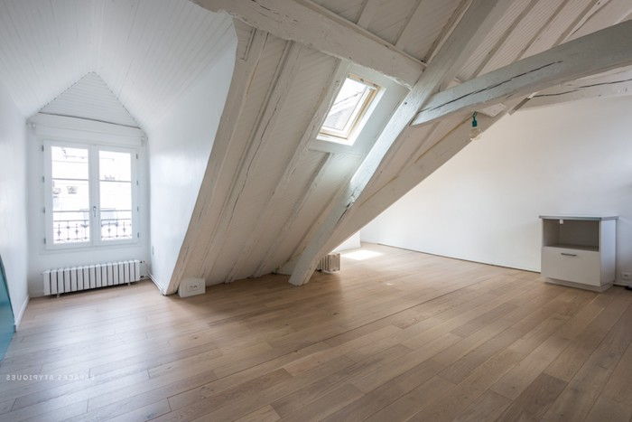 naklonjeni stropi omogočajo prazno sobo, ki je edinstveno zasnovana za zagotavljanje lastnih pohištvenih idej