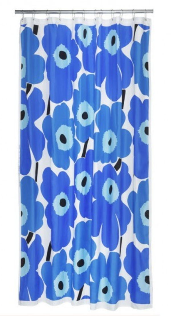 marimekko-online-butik-blå-gardiner-för-badrum - bakgrund i vitt