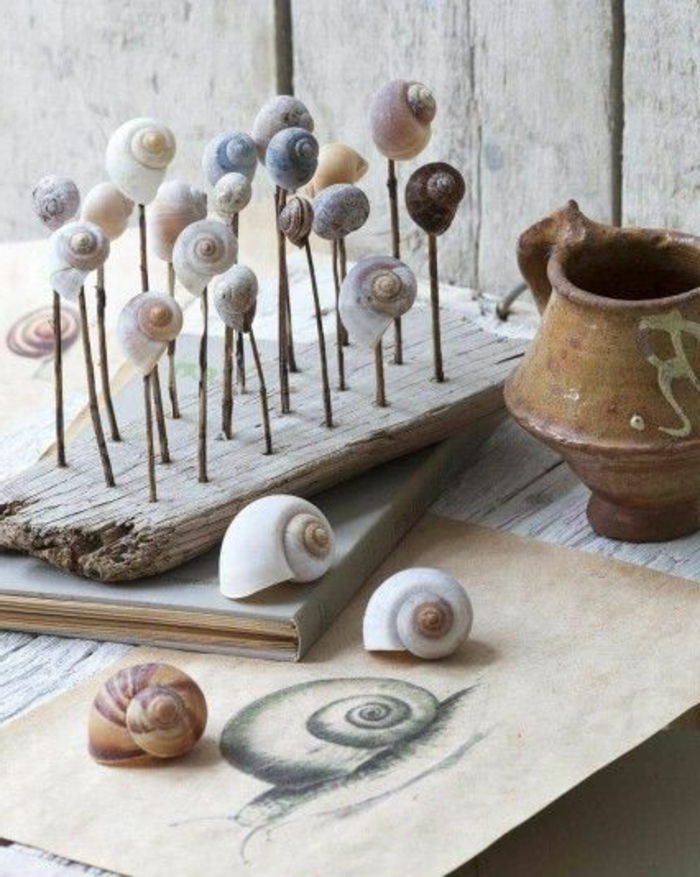 crafting s slimáky shell letné dekorácie námorné drevo bretchen a tyčinky