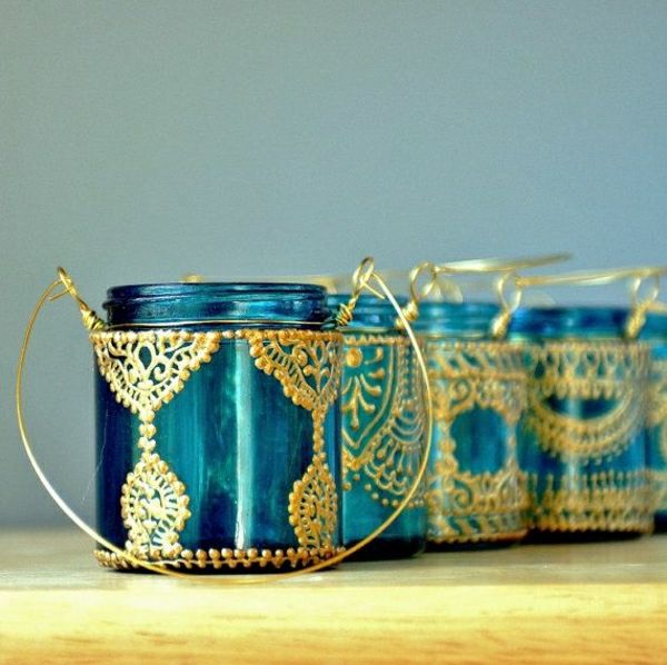 Marockansk hängande bevarande burk Ljusstake blå-guld-henna mönster