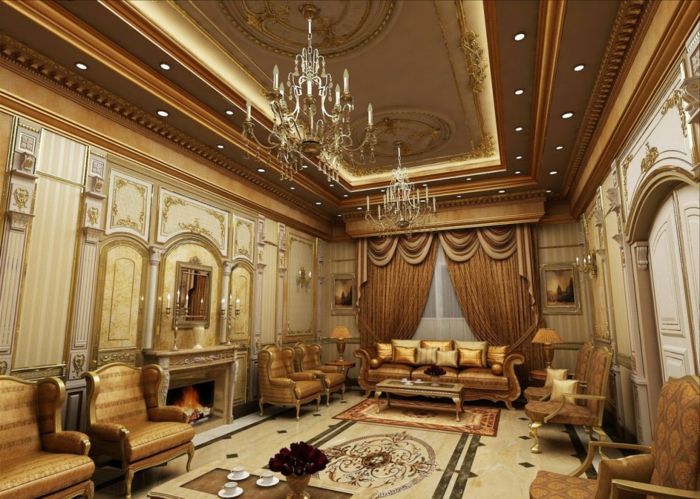 oosterse decor luxe ontwerp van de woonkamer gouden kleur fauteuil spiegel tapijt handen decor