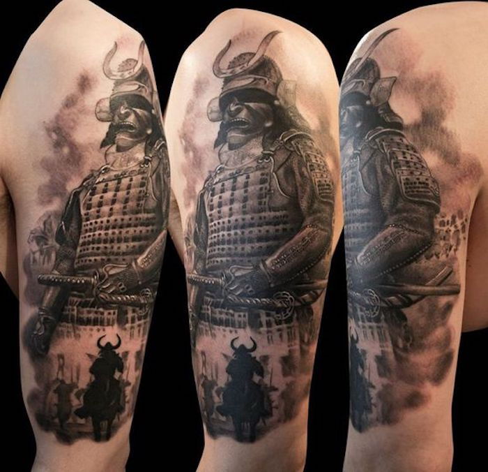 japanska krigare, arm, övre arm tatuering, mask, hjälm