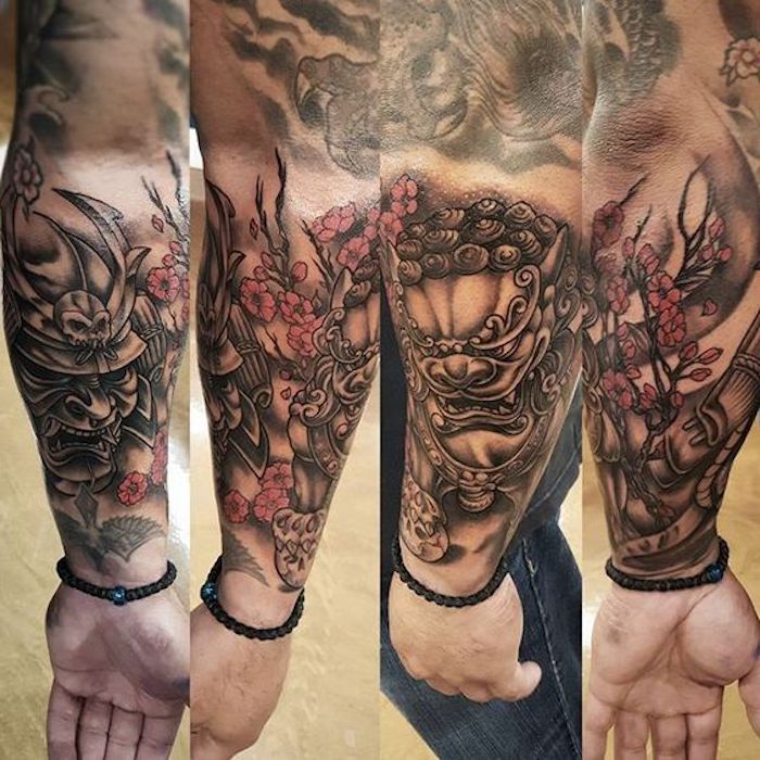 japonų kariai, rankos tatuiruotė, rankų tatuiruotė, rožinės gėlės, samurajus