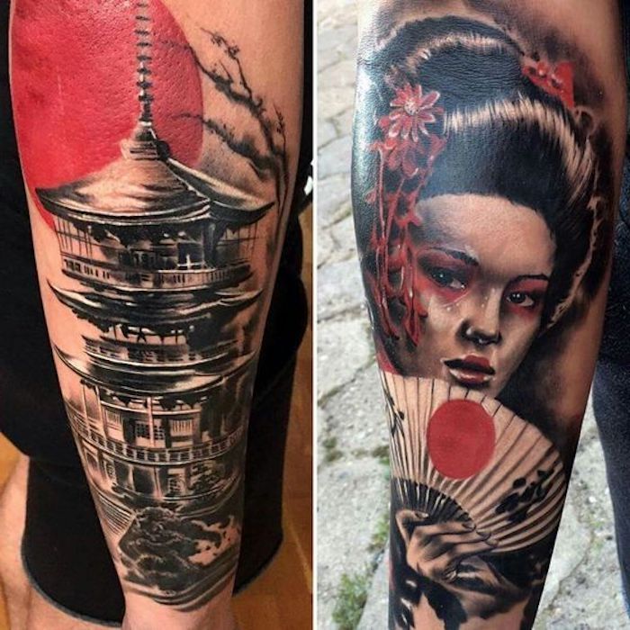 Japansk tatuering, röd sol, hus, kvinna med svart hår