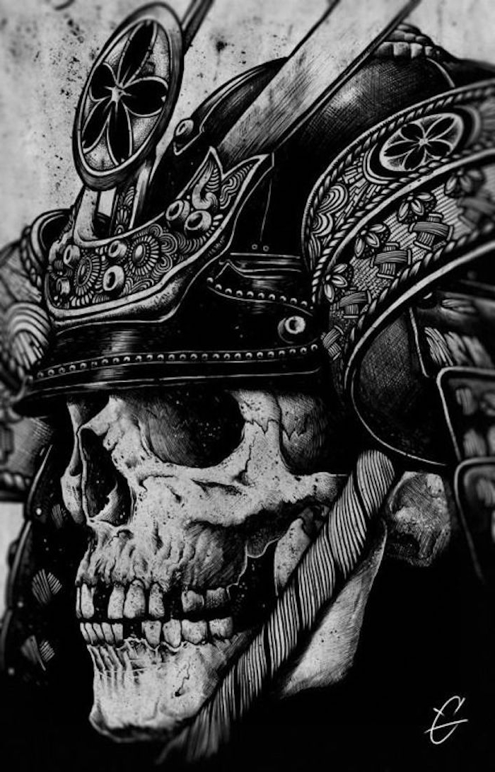 modelo de tatuagem, desenho preto e branco, capacete, crânio