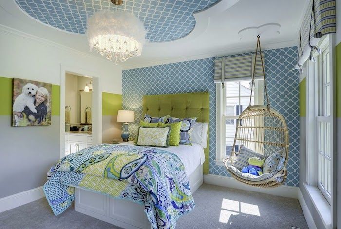 sala de jovens branco azul e verde com motivos minimalistas idéias padrão dessin cadeira pendurada no quarto de todos os adolescentes sonham