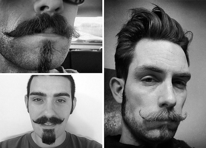 Chin Puff com bigode, colagem de fotos em preto e branco, três jovens