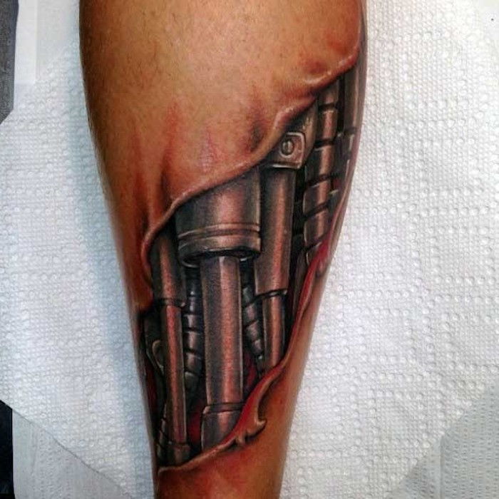 heren tatoeages, 3d tatoeage op het been, robot tatoeage