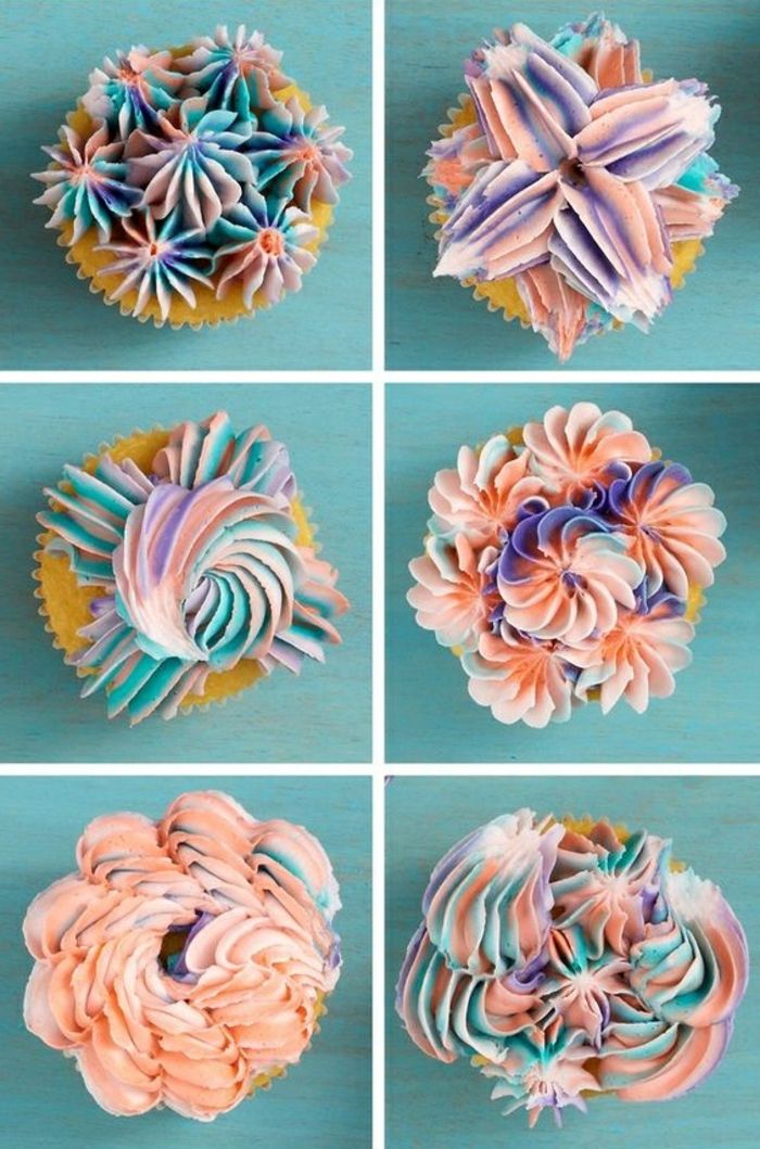 Muffins dekorert med krem ​​i forskjellige farger