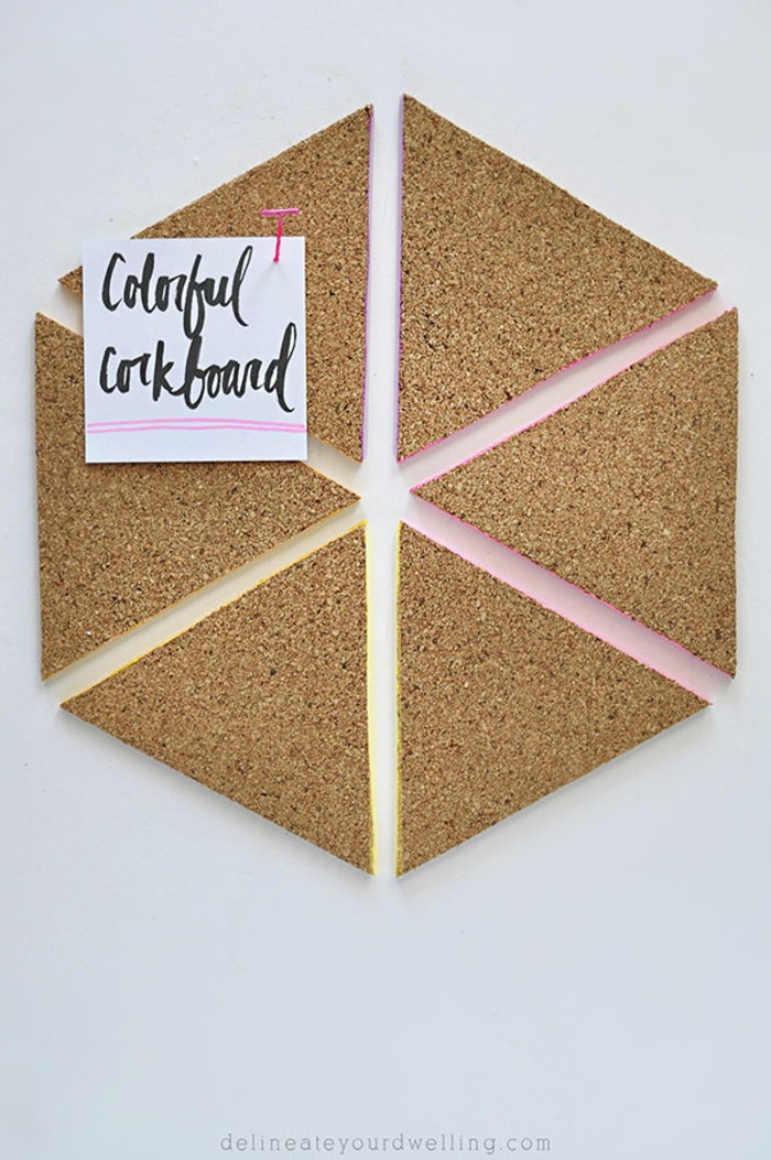 diy corkboard trianglar av kork dekorerad med färg, not, markör