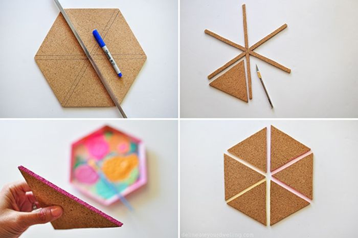Pin board costruisci te stesso, triangoli di sughero, pennarello, vernice, pennello