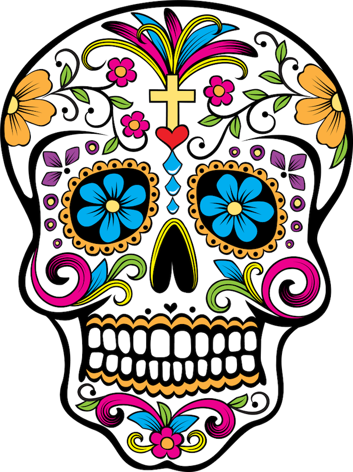 barvita tetovaža mehiške lobanje z rumenim križem ter velikimi in majhnimi vijoličnimi in rumenimi cvetovi