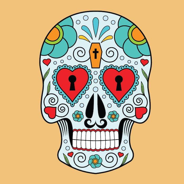 en tatovering med en hodeskalle med store røde hjerter og grønne blomster - meksikansk hodeskalle tatovering