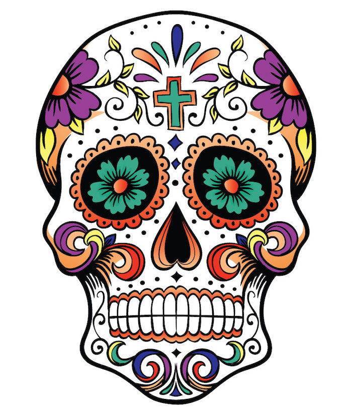 Kaukolė su mažu žaliu kryžiumi ir didelėmis ir mažomis violetinėmis bei žaliomis gėlėmis - Meksikos kaukolės tatuiruotė