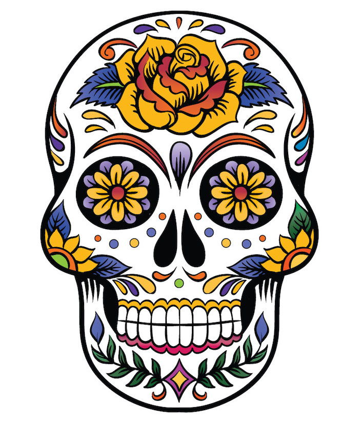 glava tata z vrtnicami - bela lobanja z rumeno rožo in vijolično in rumeno cvetje - tetovaža mehiške lobanje