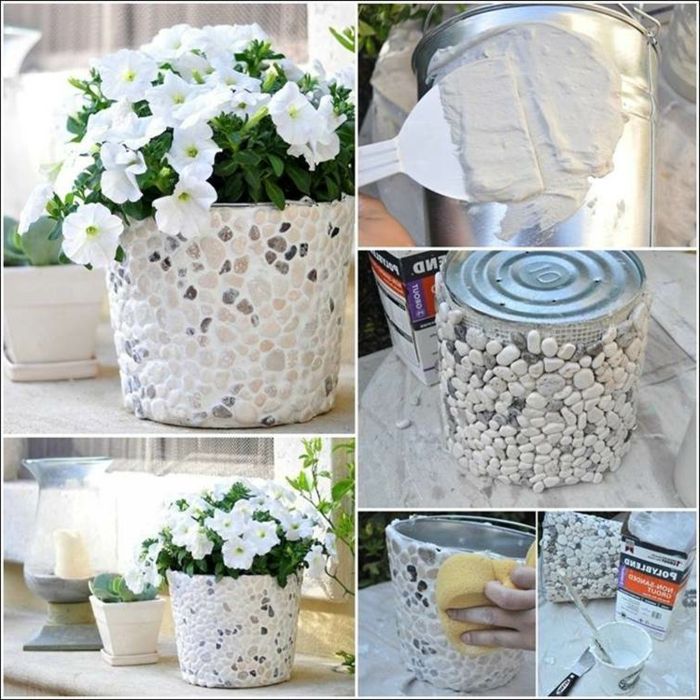 çiçek tencere saksı tasarımı ile tinkering beyaz çiçekler yapıştırıcı hayranlık için ince fikirler taşlarla