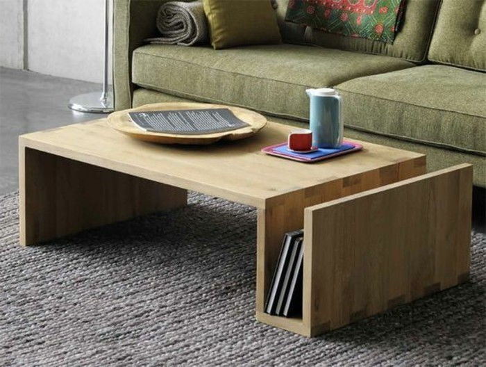 minimalistično-MOEBEL-dnevna soba-les miza-cum-knjižna polica preproga-zeleno-kavč
