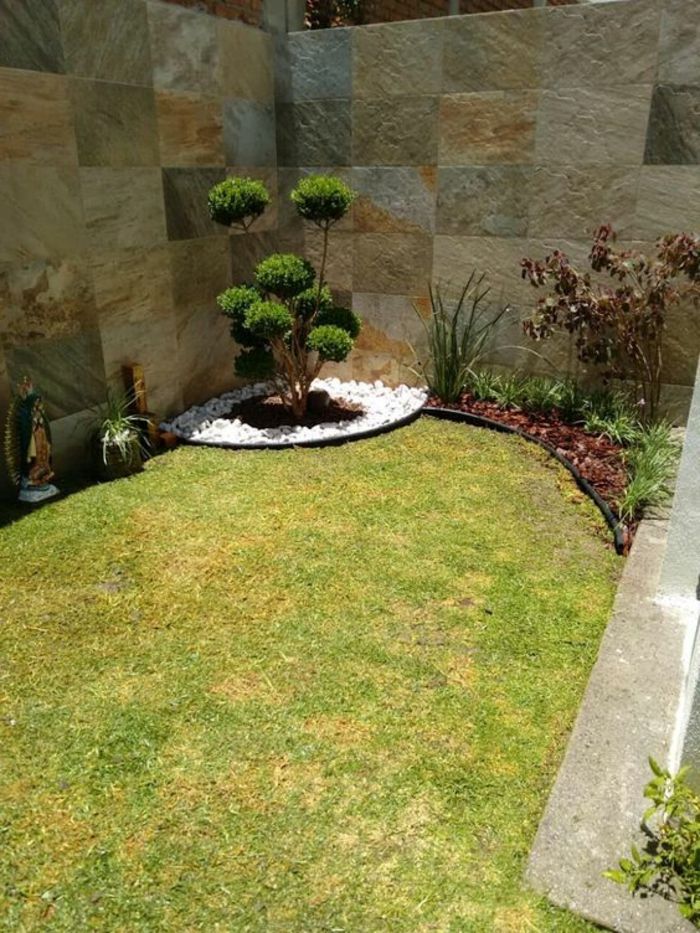 Moderne hage design - prydetrær i hjørnet, grønn plen, små hvite steiner