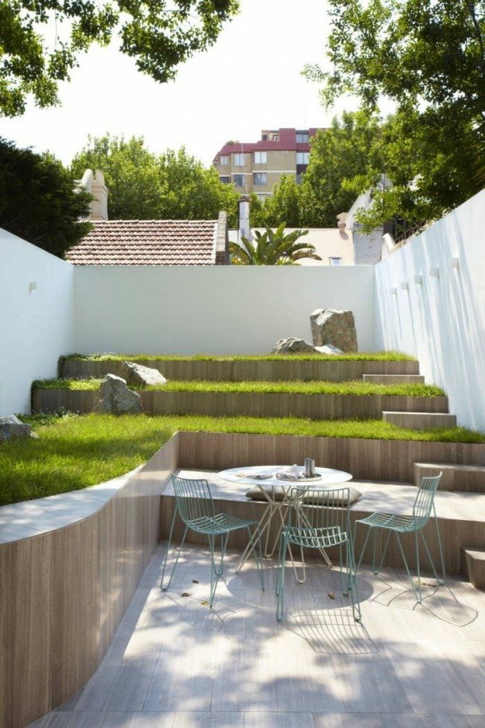 en gräsmatta, enkla trädgårdsmöbler - landskapsdesign exempel