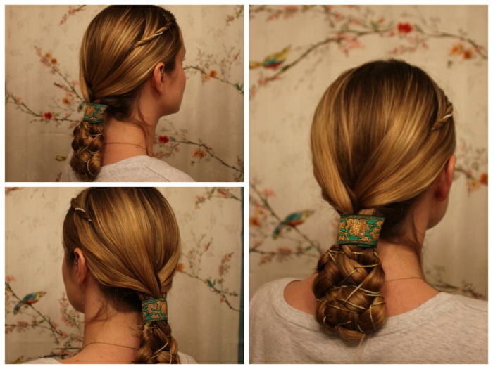 髪の毛を編んだネット、緑のリボン - 中世の髪型