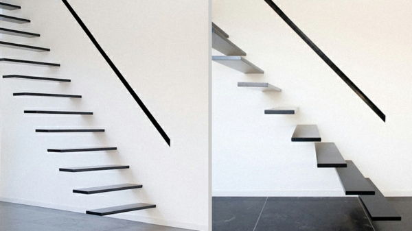 biela stenová konštrukcia a čierne voľne plávajúce schody
