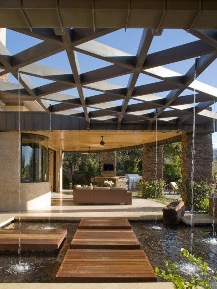 moderno-pátio-pergola-de-madeira-móveis de jardim lagoa para jardim