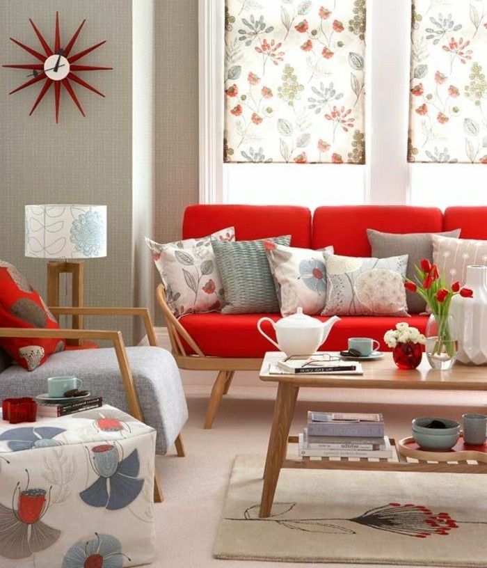 çiçek motifleri Ahşap Sehpa Kırmızı Laleler-ilginç duvar saati-kırmızı kanepe, modern ekipman desen