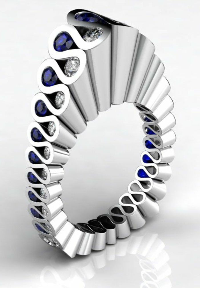 Modernus vestuvių žiedai modelis platinos deimantų safyrais