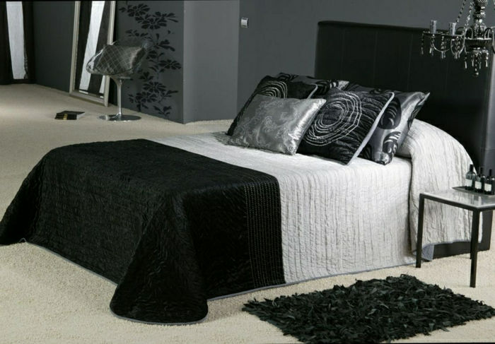 Modernus miegamojo dizainas-juoda ir balta elegantiška stilinga satino lovatiesė