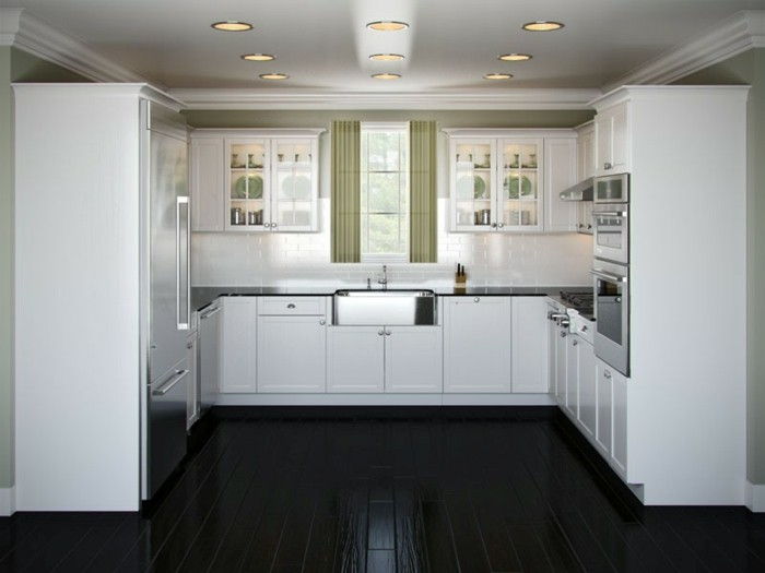 sodobna naprava-kuhinja-in-kuhinja-belo-črno-MOEBEL-lesena tla, mali okno