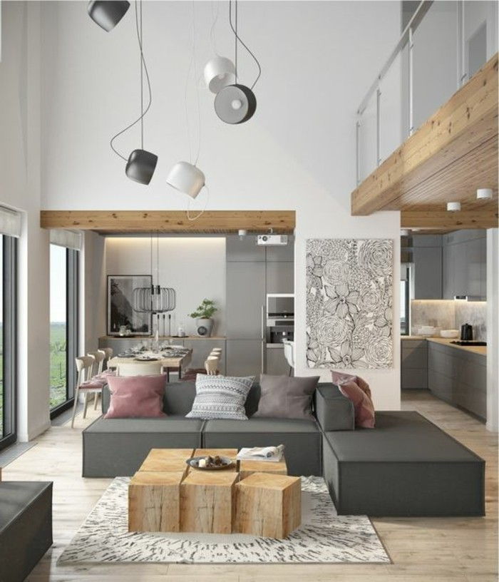 Sodobna vzpostavitev ideje-dnevna soba-les miza-plueschteppich-sivo-kotiček, ki ga tolpe-v-kuhinji