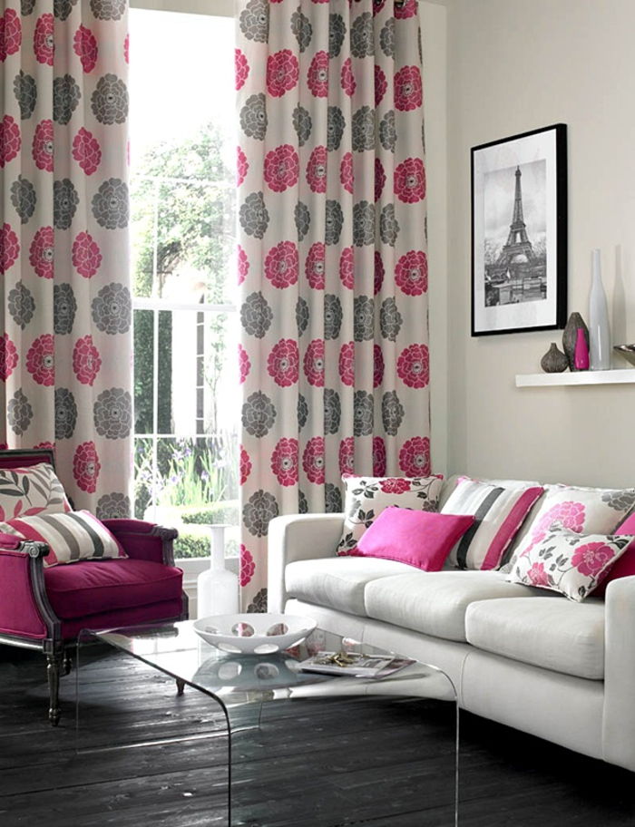 moderne zavese in zavese, cvetlični vzorec, dnevna soba