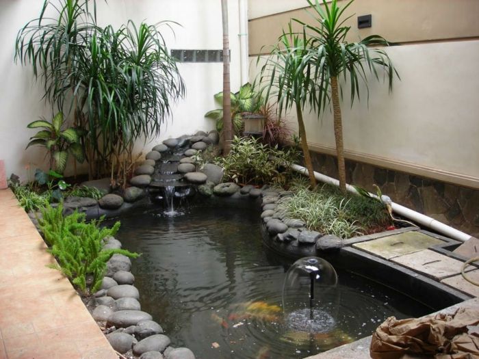 en vacker vattenfunktion med många grå stenar och exotiska palmer - trädgårdsdesign exempel