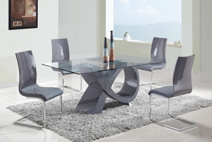 moderno-Moebel-pranzo-lusso-set-tavolo di vetro-plastick-sedie in pelle-plueschteppich