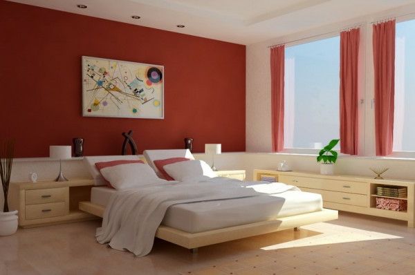 parede moderna cor-para-quarto com uma cama grande e roupa de cama branca
