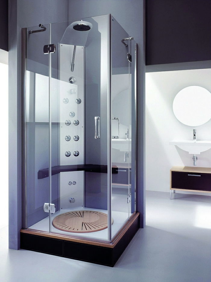 sodobna kopalnica-vijolično-stene, tuš kabina steklo