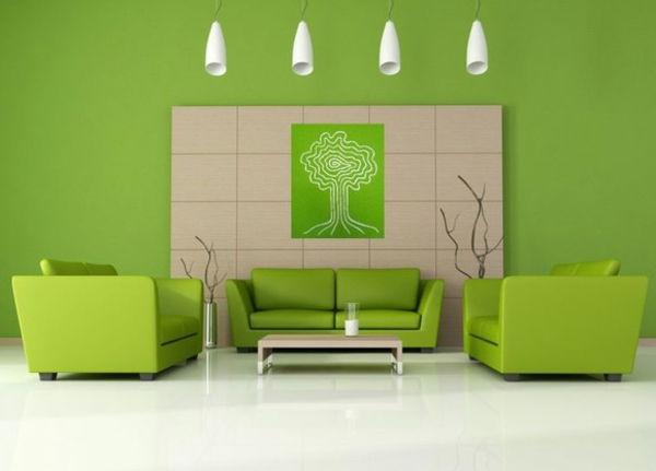 Modernt vardagsrum Väggfärg-gröna toner