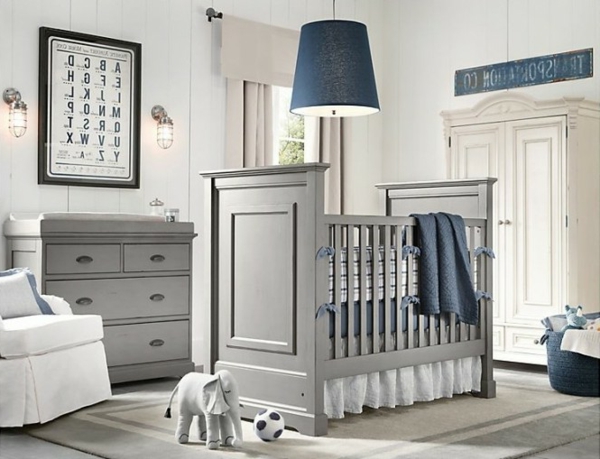 cor cinza e azul para um design simples e moderno do quarto do bebê