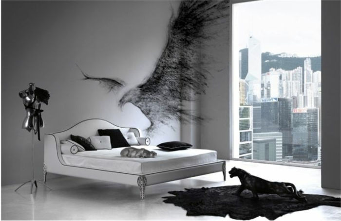 dormitor modern gotic cu pat dublu alb, graffiti de perete, covor negru, cougar negru